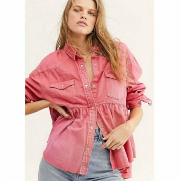 FREE PEOPLE Dylan Button-Up Babydoll Chambray Shirt Jacket - Picture 3 of 10